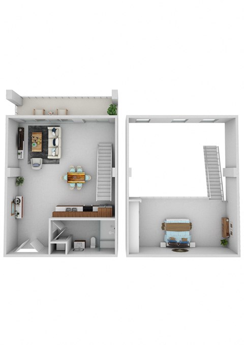 a stylized rendering of a bedroom and a kitchen in a house